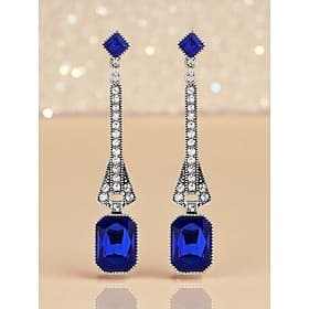 Women's 1920s Gatsby Drop Earrings - Art Deco Long Dangle Earrings with Blue Gemstones and Rhinestones for Roaring Twenties Parties