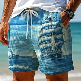 Men's Nautical Sailboat Waffle Shorts Sweat Shorts Casual Shorts Mid Waist Retro Vintage Vacation Jogging Workout Elastic Drawstring Waist Shorts with Pockets