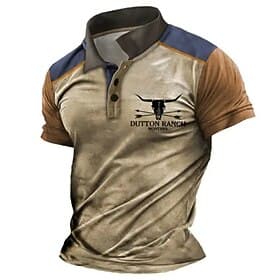 Men's Western Wear Polo Shirts Golf Shirt Short Sleeve Polo Shirts Collared Shirts Vintage Casual Vacation Wear Party Outfits 3D Print Buttons Blue White Khaki