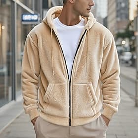 Men's Zip Sweatshirt Fleece Hoodie Sherpa Fleece Hoodie Black Navy Blue Khaki Gray Hooded Plain Zip Up Front Pocket Sports  Outdoor Casual Daily Polyester Stre