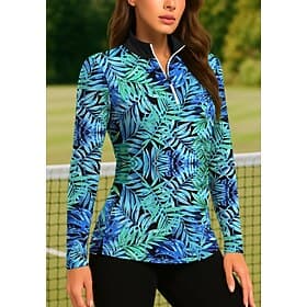 Women's Plants Tropical Floral Botanical Tops Golf Polo Shirt Tennis Shirt Long Sleeve Print Quarter Zip Pullover UPF50 UV Protection Elastic Breathable Tennis