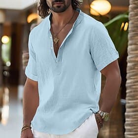 Men's Shirt Linen Shirt Popover Shirt Summer Shirt Beach Wear Band Collar Shirt Plain Casual Daily Black White Yellow Pink Short Sleeve Henley Summer Clothing