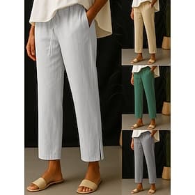 Women's Cotton Blend Summer Pants Simple Casual Long High Waist Plain Pocket Elastic Drawstring Design High Cut Breathability Soft Micro-elastic Daily Wear Whi