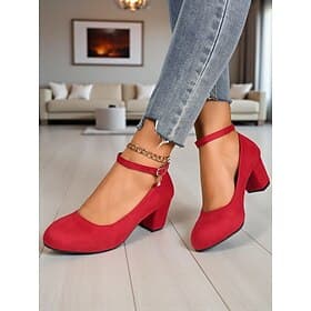 Women's Red Block Heel Mary Jane Pumps - Faux Suede Round Toe Dress Shoes with Ankle Strap, Vintage Style for Office,Parties and Daily Wear