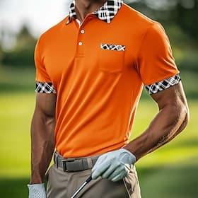 Homme Polo en coton mélangé Chemise de golf Occasionnel Sports Revers Manche Courte Mode Basique Pied-de-poule À carreaux Patchwork Avec Poches Été Printemps C