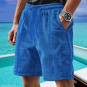 Men's Waffle Shorts Shorts Summer Shorts Casual Shorts Drawstring Pocket Elastic Waist Plain Comfort Breathable Short Outdoor Vacation Sport Casual Wine