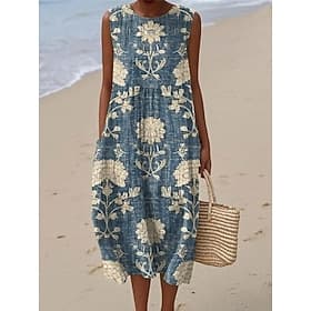 Women's Midi Dress Linen Like Sundress Shift Dress Vacation Casual Boho Party Beach Floral Graphic Sleeveless Crewneck Black Green Blue White Pink Red Summer S
