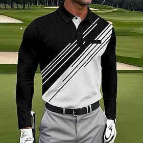 Men's Geometric Golf Polo Long Sleeve Polo Shirts Collared Shirts Sportswear Business Casual Athleisure Daily Wear Pocket 3D Print Buttons Spring Fall Black Re