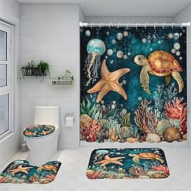 Ocean Beach Series Starfish Jellyfish Shower Curtains Sets Decorative Art Pattern Home Bathroom Curtains Toilet Seat Decoration Shower Curtain CarpetShower Cur