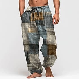 Men's Geometric Color Block Trousers Baggy Pants Casual Pants Mid Waist Vintage Outdoor Vacation Elastic Drawstring Waist Linen-Like Pants with Pockets Summer