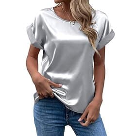 Women's Elegant Satin Top T Shirt Silky Tops Plain Fashion Modern Short Sleeve Crew Neck Regular Tops Daily Going out Weekend Light Green Dark Green Purple Lig