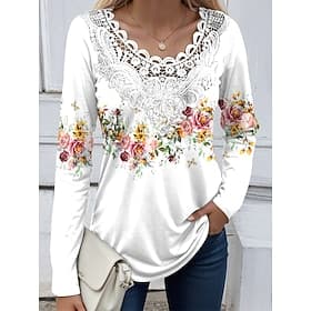 Blusa da donna tunica in pizzo con inserti colletto a V a maniche lunghe grafica floreale piante casual colletto rotondo tops regolari stampa quotidiana pizzo