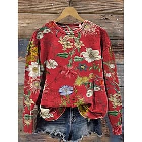 Women's Pullover Sweatshirt Print Floral Graphic Warm Active Vintage Long Sleeve Crew Neck Regular Tops Casual Street Dailywear Blue Black Red Purple Orange Sp