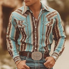 Men's Geometric Striped Color-blocking Shirt Western Shirt Cowboy Shirt Long Sleeve Vintage Retro Daily Outdoor WorkWear Fall  Winter Turndown 3D Print Front T