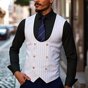 Men's Suit Vest Waistcoat Wedding Party Evening Wear Casual Active Vintage Spring Fall Polyester Adjustable Striped Double Breasted Slim White Vest