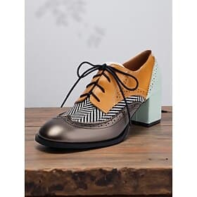 Women's Colorblock Oxford Chunky Heel Brogue Shoes - 1950s Vintage Lace-Up Dress Shoes with Tweed Herringbone Detail for Office, Oktoberfest and Fall Fashion