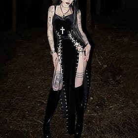 Gotisch Maxi Kleid Ärmellos Hexe Vampir Schnürung Samt Spaghetti-Träger Kreuz Kostüm Damen Fantasie Halloween Karneval Leistung Party Erwachsene Kleid