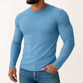 Men's Muscle Fit T Shirt Ribbed Knit Slim-Fit Tee Top Long Sleeve Crew Neck Spring Fall All Seasons Plain Textured Pit Strip Fashion Designer Basic Knitting Va