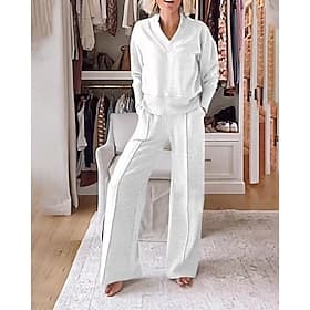 Women's Blouse Pants Sets Long Sleeve V Neck Solid Color Active Streetwear Outdoor Vacation Black White Pink Fall Regular Fit