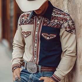 Men's Geometric Aztec Ethnic Shirt Western Shirt Cowboy Shirt Long Sleeve Vintage Retro Casual Outdoor WorkWear Spring Fall Turndown Front Two Pockets Linen Li
