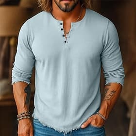 Men's Cotton Linen Shirt Henley Shirt Tee Henley Top Long Sleeve Solid Color Plain Solid Fashion Designer Casual Color Block Buttons Henley Casual Daily Outdoo