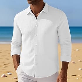 Men's Shirt Waffle Shirt Summer Shirt Casual Shirt Button Up Shirt Black White khaki Light Blue Long Sleeve Plain Textured Lapel Vacation Casual Clothing Appar