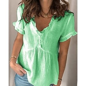 Women's Shirt Texture Blouse Blouse Patchwork Plain Modern Casual Short Sleeve V Neck Regular Tops Holiday Going out White Light Green Pink Light Blue Fall