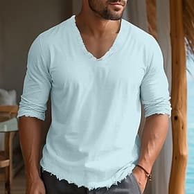 Men's Linen T-Shirt Long Sleeve V Neck Summer Spring Solid Color Plain Vintage Basic Bohemian Raw Edge Casual Vacation Street White Top Tee for Men