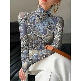 Women's T Shirt Print Tiered Graphic Texture Elegant Vintage Stylish Long Sleeve Turtleneck High Neck Asymmetric Neck Regular Tops Daily Blue Black Spring Fall