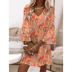 Women's Mini Dress Sundress Casual Dress A Line Dress Vacation Casual Boho Party Regular Fit Floral Graphic Abstract 3/4 Length Sleeve V Neck Magenta Ink Blue