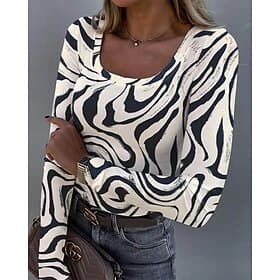 Women's T shirt Long Sleeve Ribbed Graphic Square Neck Long Sleeve Casual Tunic Abstract Zebra Vintage Stylish Regular Tops Daily Print Blue Purple Green Khaki