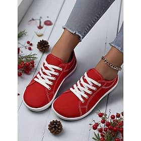 Women's Red Wide Fit Canvas Lace-Up Sneakers – Lightweight Casual Walking Shoes, Breathable Streetwear  Travel Footwear