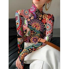 Women's Tunic Floral Elegant Bohemia Vintage Long Sleeve Turtleneck High Neck Regular Tops Going out Black Fuchsia Green Fall Winter