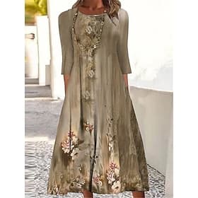 Women's Midi Dress A Line Dress Fit And Flare Dress Birthday Casual Boho Daily Party Wedding Guest Floral Graphic Long Sleeve Crew Neck Red Camel Purple Green