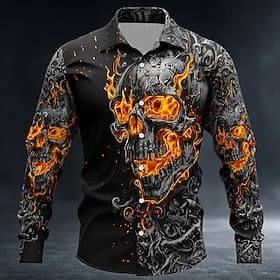 Men's Skull Floral Print Flame Shirt Button Up Shirt Long Sleeve Dark Punk Gothic Style Outdoor Holiday Summer Spring Turndown 3D Print Collared Shirts Black 1