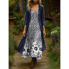 Women's Dress Set Maxi Dress A Line Dress Vacation Boho Floral Graphic Layered Print Maxi Dress 3/4 Length Sleeve V Neck Daily Outdoor Blue Navy Blue Orange Su