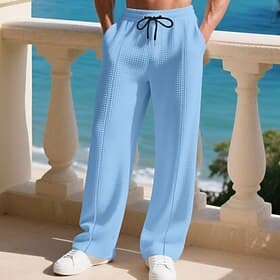 Men's Sweatpants Trousers Straight Leg Sweatpants Waffle Pants Drawstring Pocket Elastic Waist Plain Comfort Sports Outdoor Daily Fashion Casual Black White Mi