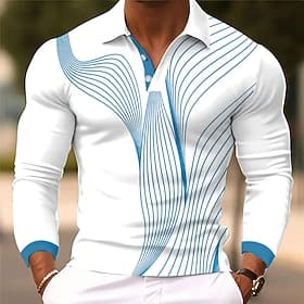 Men's Geometic Line Polo Long Sleeve Polo Shirts Lapel Casual Street Athleisure Daily Wear 3D Print Buttons Spring Fall Winter Green