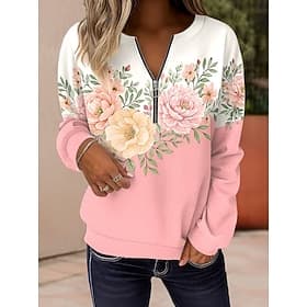 Dames Trui-sweatshirt Sweatshirts met rits Vetoketju Afdrukken Bloemig Grafisch Modieus Casual Lange mouw Strakke ronde hals Normale tops Straat Dagelijks gebr