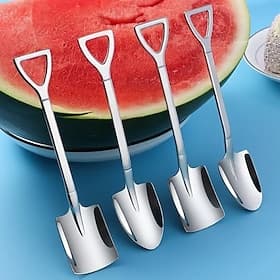 4pcs Stainless Steel Shovel Spoon, Creative Cute Mini Shovel Dessert Spoons, Household Stainless Steel Tableware for Watermelon, Ice Cream, Couples