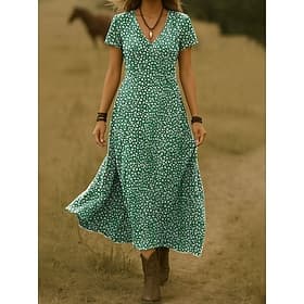 Women's Maxi Dress Casual Dress A Line Dress Summer Dress Elegant Vacation Casual Beach Regular Fit Floral Graphic Polka Dot Short Sleeve V Neck Blue Red Brown