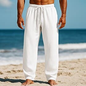 Men's Linen Pants Trousers Summer Pants Baggy Pants Beach Pants Drawstring Elastic Waist Straight Leg Plain Comfort Breathable Full Length Casual Daily Holiday