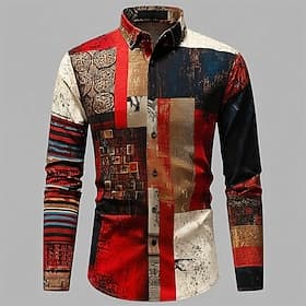 Men's Color Block Patchwork Shirt Button Up Shirt Long Sleeve Vintage Retro Outdoor Daily Streetwear Spring Fall Turndown 3D Print Front One Pocket Linen Like