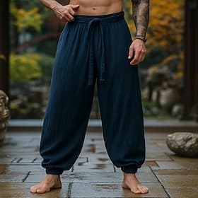 Men's Linen Pants Trousers Summer Pants Baggy Pants Elastic Cuff Plain Comfort Breathable Full Length Outdoor Casual Daily Vacation Vintage Army Green Red Inel