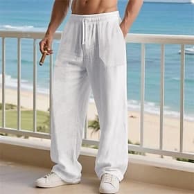 Men's Linen Pants Trousers Summer Pants Beach Pants Drawstring Pocket Elastic Waist Plain Comfort Breathable Daily Beach Vacation Hawaiian Boho ArmyGreen Black