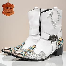 Men's White Genuine Leather Western Boots with Snake Print Design, Cowboy Style Pointed Toe Boots for Festivals, Concerts and Fashion Shows