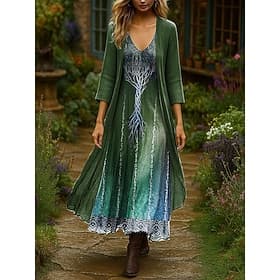Women's Dress Set Maxi Dress A Line Dress Summer Dress Vacation  Ombre Graphic Layered Print Maxi Dress 3/4 Length Sleeve V Neck Daily Outdoor Blue Purple Gree