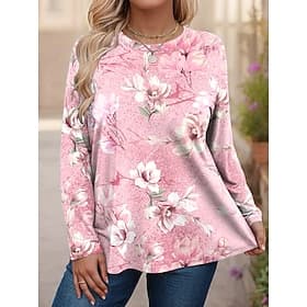 Women's Plus Size Tops T Shirt Floral Graphic Print Long Sleeve Crew Neck Casual Daily Polyester Fall Winter Blue Pink