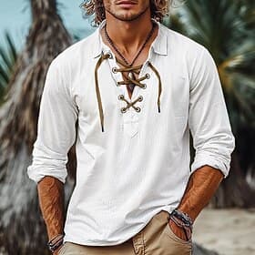 Voor heren Overhemd Linnen overhemd Viking-stijl Popover-shirt Zomer overhemd Strand Kleding Effen Kleur Vakantie Straat Wit blauw Oranje Groen Lange mouw Zond