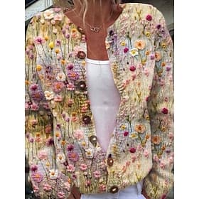 Women's Cardigan Sweater Knitted Ribbed Button Front Round Neck Long Sleeve Lightweight female Fashion Daily Casual Floral Graphic Buttons Print Knit Outdoor D